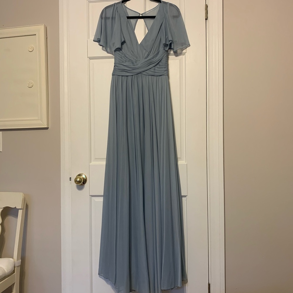 David’s Bridal dusty blue flutter sleeve dress